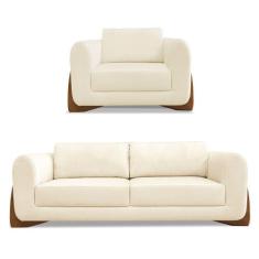 Kit Poltrona e Sofá Living 2 Lugares 1,60m Lottus Linho Pés Castanho -