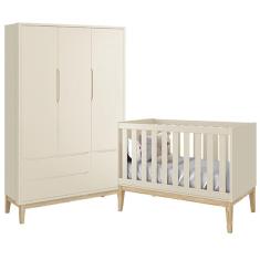 Jogo de Quarto Classic Guarda Roupa 3 Portas e Berço com Pés Madeira Natural - Reller Móveis Areia Fosco