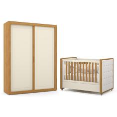 Jogo de Quarto Infantil Tutto New Guarda Roupa 2 Portas e Berço com Capitonê - Matic Móveis Off White/Freijó