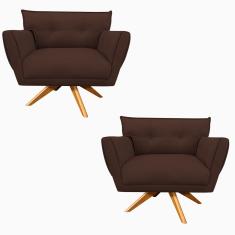 Kit 02 Poltronas Giratória Anitta Suede Base Madeira Marrom