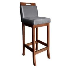 Banqueta Média Estofada com Encosto Milão Madeira Castanho Suede Cinza