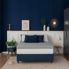cama box casal com baú azul com colchão guldi dream mola ensacada  (30x138x188) cinza e branco