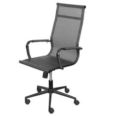 Cadeira Escritório Giratória Alta Presidente Or Design Tela Mesh Cinza Aço Preto Base Rodízio Preto