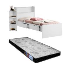 Cama Quarto Solteiro Branco Gavetas, Prateleiras, Colchão