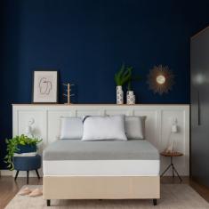 Cama Box Solteiro Bege com Colchão Guldi Dream Mola Ensacada (30x88x188) e 1 Travesseiro Guldi Dream Branco e Azul