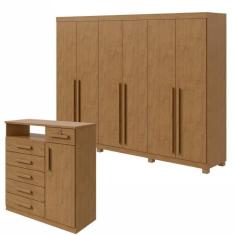 Conjunto de Guarda-roupa 6 Portas com Pés Bertha com Cômoda da Vinci com Nicho Amêndoa Clean