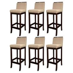 Kit 6 Banquetas Alta para Cozinha Gourmet Turim Madeira Capuccino Linho Bege CCS