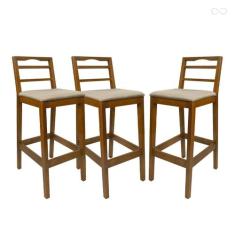 Kit 3 Banqueta Alta de Madeira para Bancada Grécia Amêndoa Linho Bege 