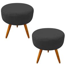 Kit 02 Puff Banqueta Berlim Redondo Suede Preto Pés Castanho - D'Rossi