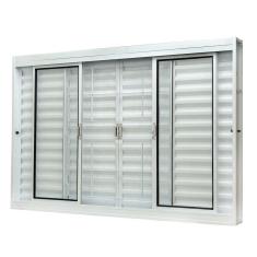 Janela de Aço Veneziana Central 100x150cm 6 Folhas com Grade Quadriculada e Vidro Liso Qualitysol Ramassol Branco