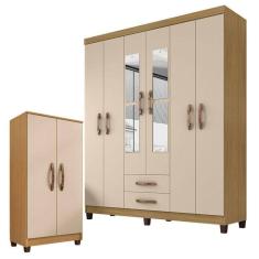 Guarda Roupa Casal Modena Com Espelho E Armário Multiuso Recife Carvalho Americano Off White - Incorplac