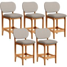 Kit 05 Banquetas Baixa Bar Cozinha E Sala De Jantar Fixa Betta L02 Imbuia Linho Bege - Lyam Decor