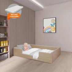Cama Montessoriana Infantil com Colchão em Madeira Maciça com Revestimento em Tecido Luana Bege