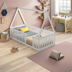 Cama Montessoriana Solteiro em Mdf e Madeira com Grade e Telhado Giulia Casatema Branco