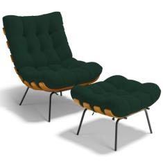 Poltrona Costela L02 com Puff Sala de Estar Suede Verde Musgo - Lyam Decor