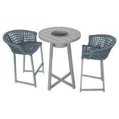 Conjunto Bistrô Champanheira Cinza Tampo Ripado e 2 Banquetas Reis Corda Náutica Cinza