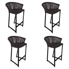 Kit 4 Banquetas Reis em Corda Náutica e Base em Alumínio Preta para Área Gourmet - Externa Marrom 