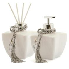 KIt Vidros Lavabo Branco Luxo C/ Enfeite Difusor e Sabonete 280ml - Se