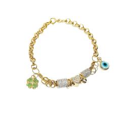 Pulseira de ouro 18 k Elo Português com Olho Grego e Trevo