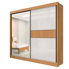 Guarda Roupa Casal com Espelho 2 Portas 6 Gavetas - Titanium Ripado-Cinamomo/Off White - Móveis D`Doro