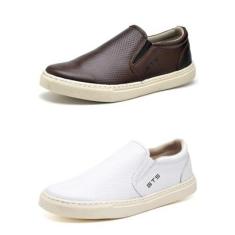 Kit 02 Tenis Slip On sem Cadarço Couro CSF Franca NS Maritimo Masculino-Masculino