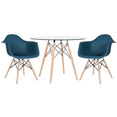 Loft7, Mesa redonda Eames com tampo de vidro 100 cm + 2 cadeiras Eiffel Daw azul petróleo