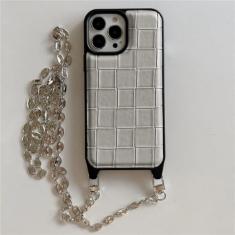 Retro crossbody tecido grade treliça padrão trançado capa de couro para iphone 15 plus 14 13 12 11 pro max caso de telefone, prata, para iphone 14