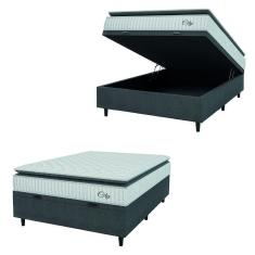 Cama Box Baú Colchão Casal Molas Ensacadas City Pillow Top 138x188x64cm Branco / Preto Hellen - Suporta até 110kg por Pessoa