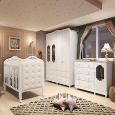 Quarto de Bebê Completo com Berço Mini Cama com capitonê Guarda Roupa e Cômoda 100 MDF Elô New Noah Móveis Peroba