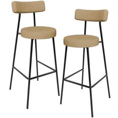 Kit 02 Banquetas Alta Milão L02 Assento em Linho Base em Aço com Encosto Fixo Bege para Cozinha
