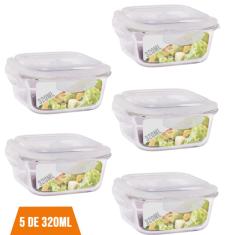 5 Potes Vidro Quadrado 320ml Tampa Hermética Pequeno Papinha