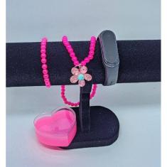 Kit Relógio Infantil Digital Led Bracelete Prova água Menina + Colar Pulseira Miçangas Pingente Urso Coelho Flor