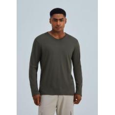 Camiseta Básica Masculina Manga Longa Gola V World, XP, Verde militar
