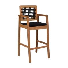 Banqueta Alta Garden Madeira Maciça Assento Estofado Encosto Trançado Corda - Natural Acquablock Preto