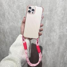 Correia de cordão Crossbody Cord Rope Clear Case para iPhone 14 13 11 12 Pro Max Almofada à prova de choque Transparente Bumper TPU Capa traseira, rosa, para iPhone 12