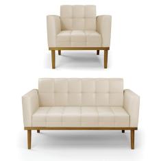 Sofá Namoradeira e Poltrona Base de Madeira Castanho Elisa Corino Bege D03 - D`Rossi