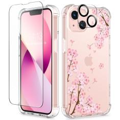 GVIEWIN Capa projetada para iPhone 13 de 6,1 polegadas, com protetor de tela de vidro temperado + protetor de lente de câmera, flor transparente, macia e flexível, fina, à prova de choque, floral