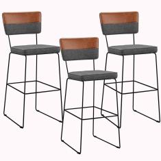 Kit 03 Banquetas Altas Faixa Camel Linho Cinza Escuro