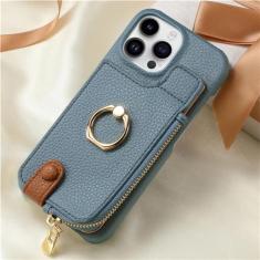Carteira de couro com zíper com porta-cartões capa de telefone para iPhone 13 12 Mini 15 14 11 Pro Max XS XR X 7 8 Plus Capa com suporte de anel, azul, para iPhone 15 Pro