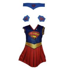 Fantasia Roupa Infantil Super Girl Com Tiara e Bracelete - Fashion Sty