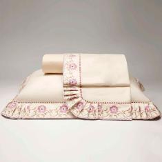 Jogo Cama Lençol Yasmin Casal Queen 04 Peças Bordado Algodão 180 Fios - Palha Floral