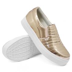 Tênis Slip On Feminino Sola Borracha Calce Fácil Metalizado Costura Re