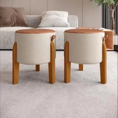 kit 2 Puff,Puf Banqueta sala redondo pés em madeira -Luna-Bege/Caramelo Linho
