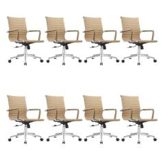 Kit 8 Cadeiras Esteirinha Diretor Giratória Couro Ecológico Cinza