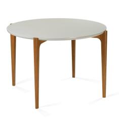 Mesa de Jantar Madrid Univ Redonda 110 cm Tampo Madeira com Vidro Colado Branco Base Madeira Amêndoa