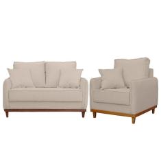 Kit Poltrona E Sofa Sena 2 Lugar Base De Madeira Para Sala Hotel Linho Palha