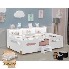 Cama Juvenil Luxo Mary Com Escada Led E Nicho + Colchão Branco/Castanho Claro