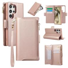 Capa carteira para Samsung Galaxy S24 Ultra, bolso com zíper magnético [destacável] capa de couro com compartimentos para cartões e dinheiro, [bloqueio RFID] Capa com alça de pulso e cordão para