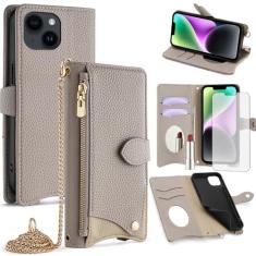 Asuwish Capa de celular para iPhone 14 de 6,1 polegadas com protetor de tela de vidro temperado e capa flip espelhada com compartimento para cartão com alça transversal para celular iPhone14 5G i