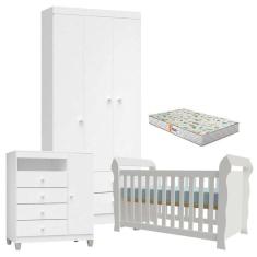 Quarto De Bebê 3 Portas Ternura Baby Com Berço Lara Branco Brilho Com Colchão Gazin - Incorplac